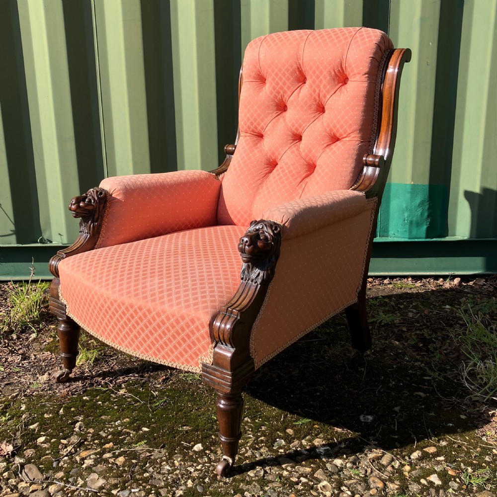 Victorian Mahogany Lions Head Upholstered Armchair, Circa 1860