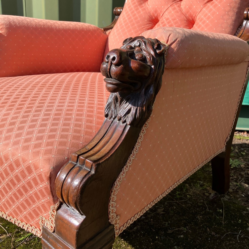 Victorian Mahogany Lions Head Upholstered Armchair, Circa 1860 View IV