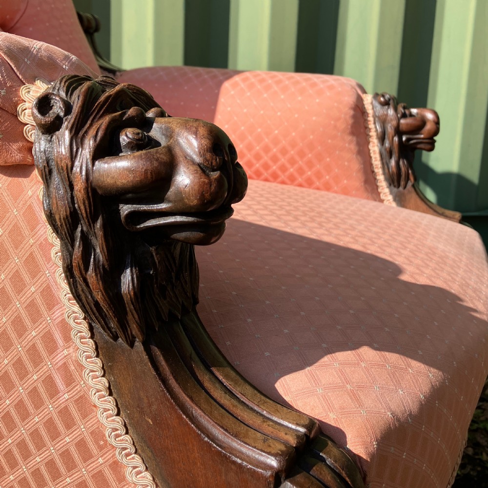 Victorian Mahogany Lions Head Upholstered Armchair, Circa 1860 View IX