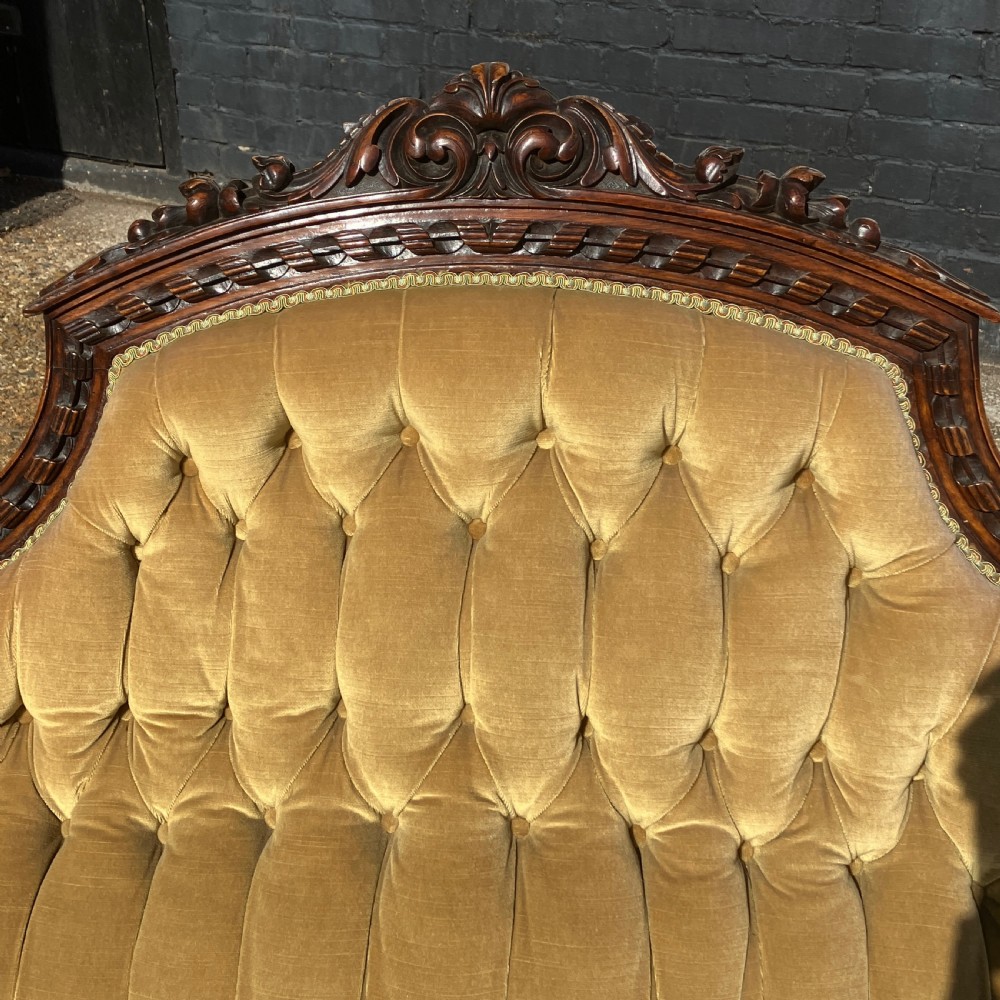 Victorian Walnut Sofa / Settee, Carved Frame and Button Back Upholstery, Circa 1850 View II