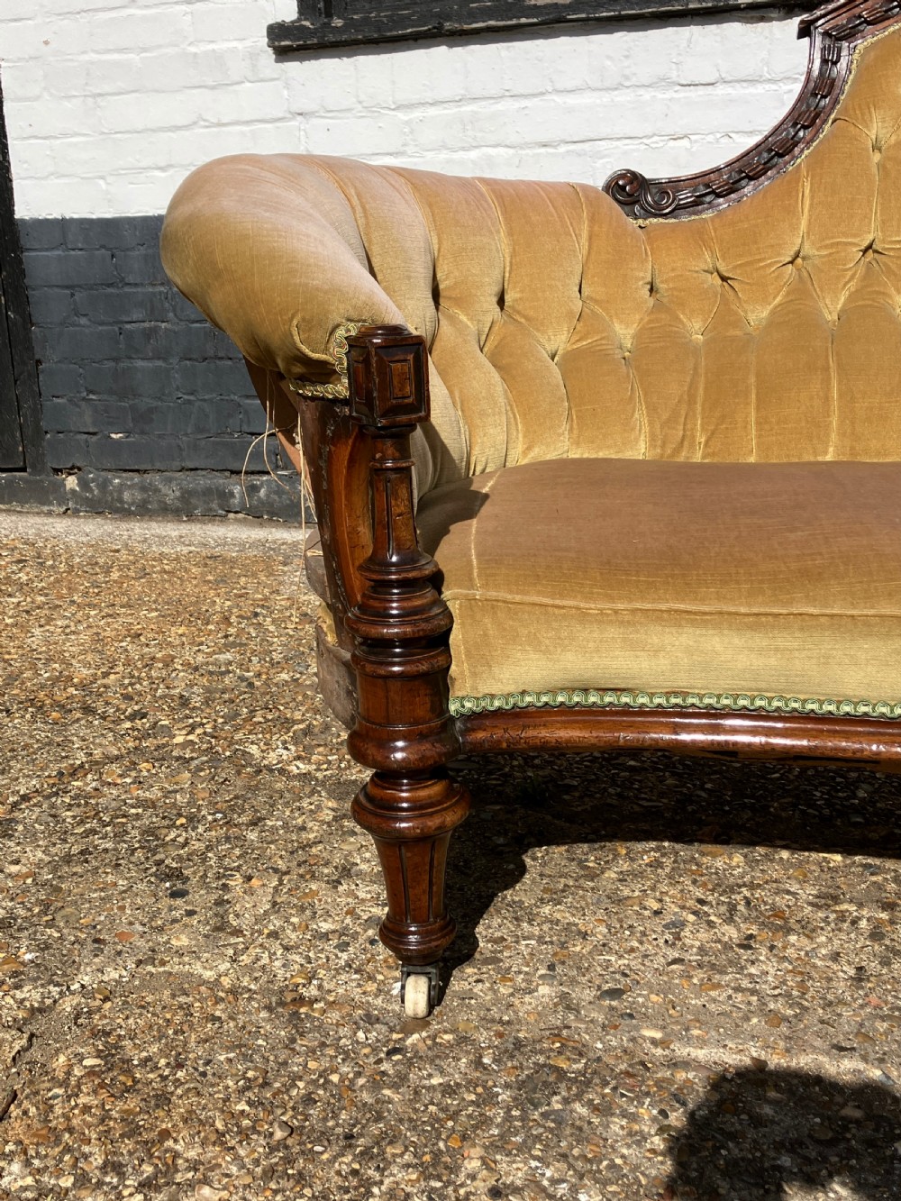 Victorian Walnut Sofa / Settee, Carved Frame and Button Back Upholstery, Circa 1850 View III