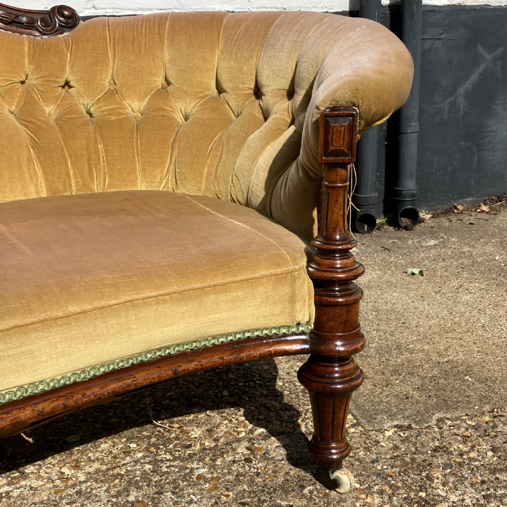 Victorian Walnut Sofa / Settee, Carved Frame and Button Back Upholstery, Circa 1850 View IV