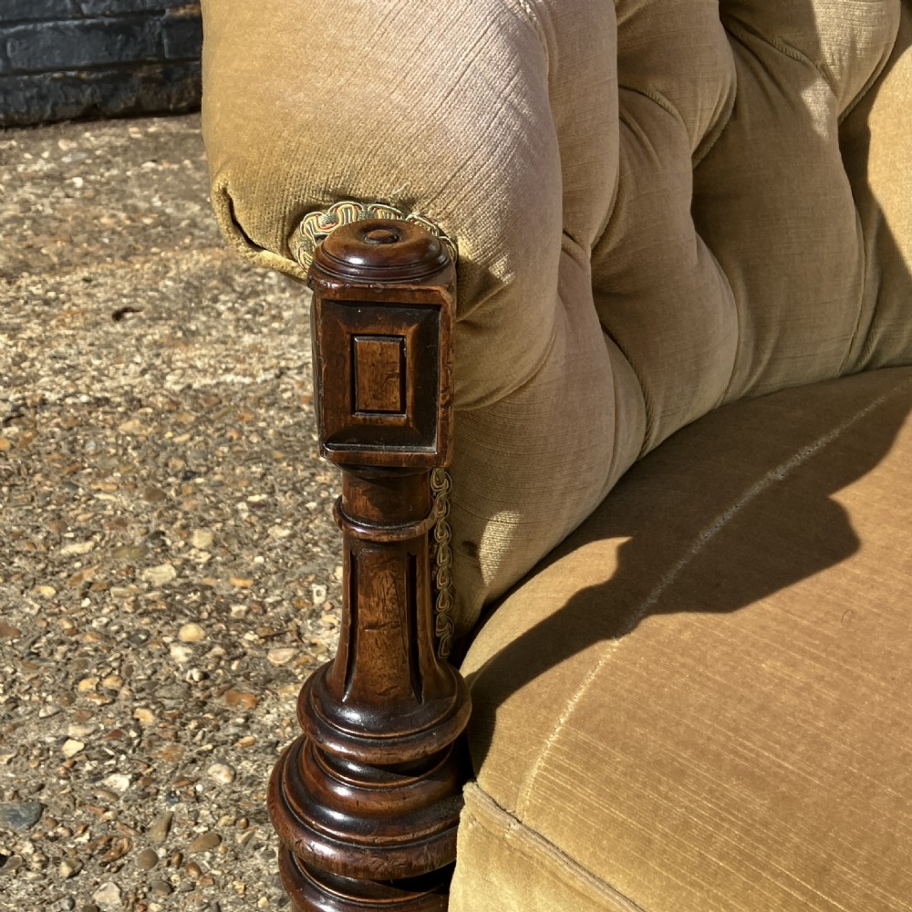 Victorian Walnut Sofa / Settee, Carved Frame and Button Back Upholstery, Circa 1850 View V