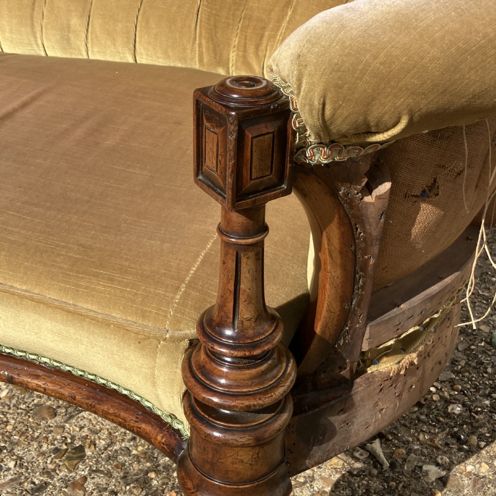 Victorian Walnut Sofa / Settee, Carved Frame and Button Back Upholstery, Circa 1850 View VI