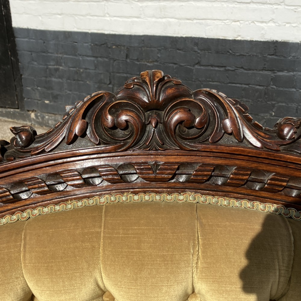Victorian Walnut Sofa / Settee, Carved Frame and Button Back Upholstery, Circa 1850 View VII