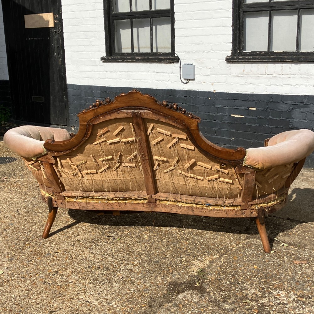 Victorian Walnut Sofa / Settee, Carved Frame and Button Back Upholstery, Circa 1850 View VIII