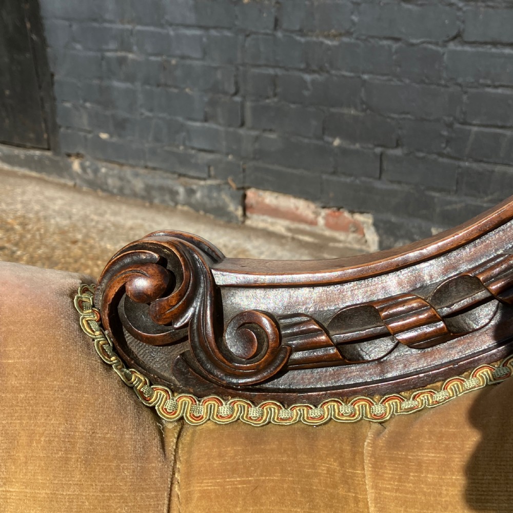 Victorian Walnut Sofa / Settee, Carved Frame and Button Back Upholstery, Circa 1850 View XIII