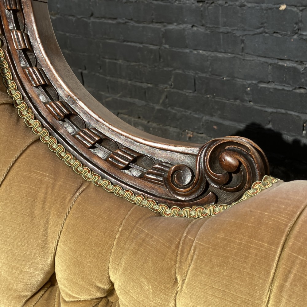 Victorian Walnut Sofa / Settee, Carved Frame and Button Back Upholstery, Circa 1850 View XIV