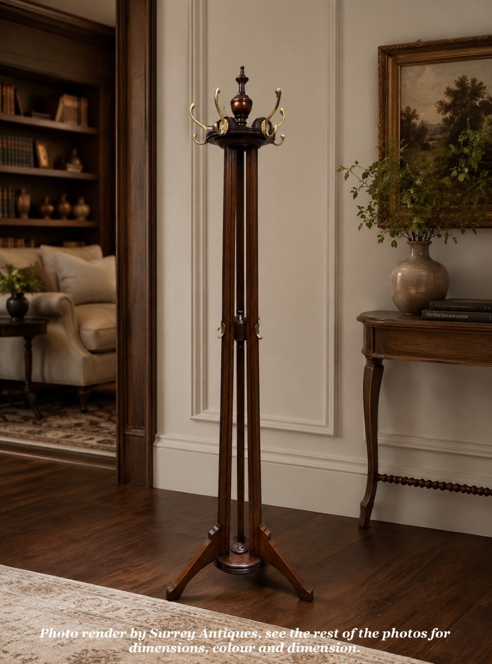 Antique Walnut Hall Stand | Coat & Hat Stand with Brass Hooks, Circa 1900 View II
