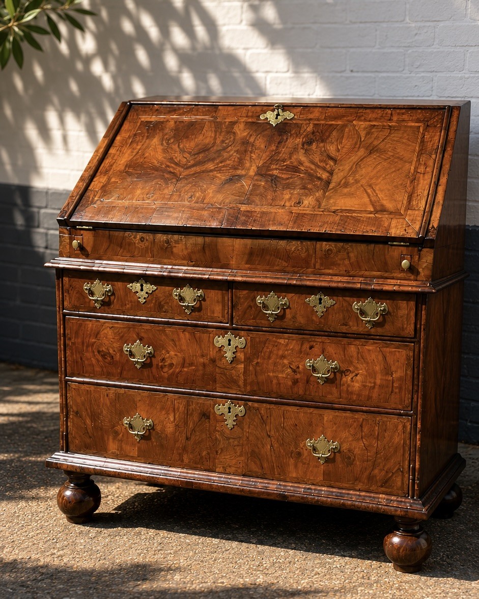 An early eighteenth-century English walnut fall-front bureau featuring burr veneer panels, decorative brass escutcheons and handles, and turned bun feet.