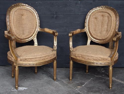 Louis Xvi Pair Armchairs in Gilt Wood