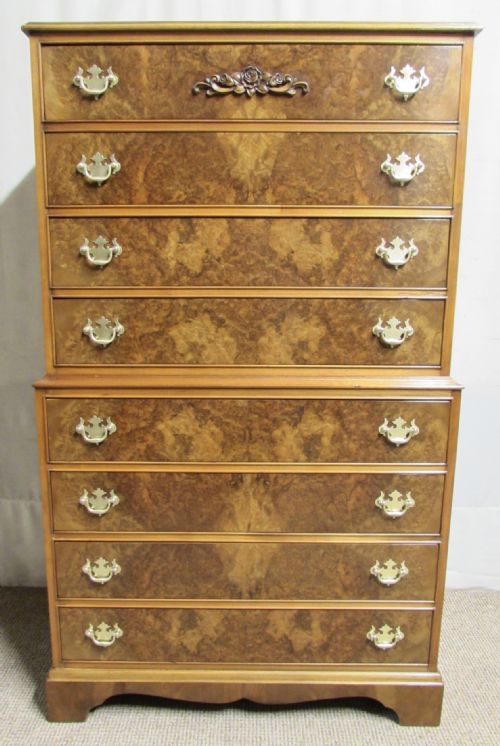 Burr Walnut Chest on Chest of Drawers