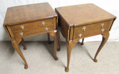 Burr Walnut Pair Bedside Lamp Flap Tables