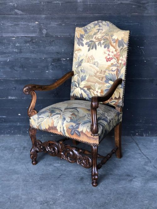 Walnut Carolean Tapestry Arm Chair