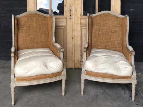 Pair French Louis Xvi Bergere Arm Chairs