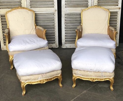 Superb Pair Gilt Bergere Chairs with Stools