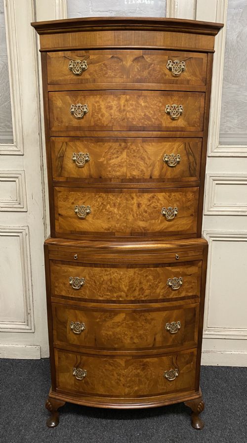 Burr Walnut Bow Front Chest on Chest