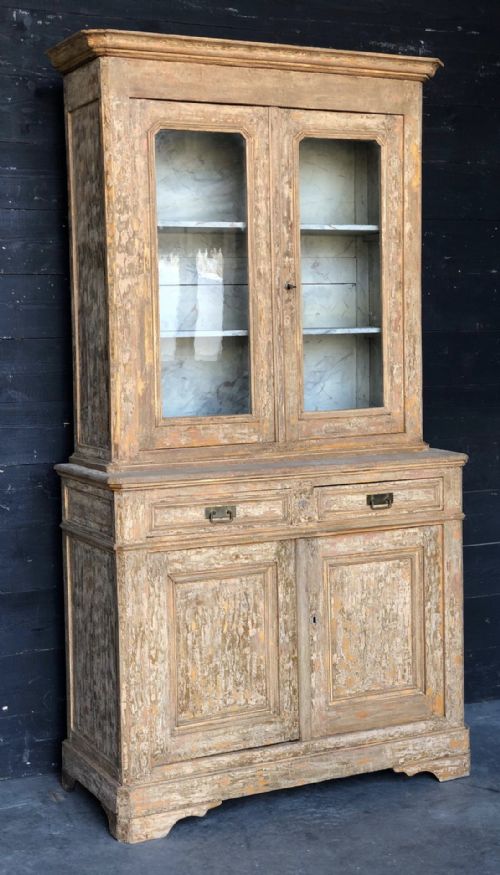 French Original Scraped Paint Deux Corps Bookcase