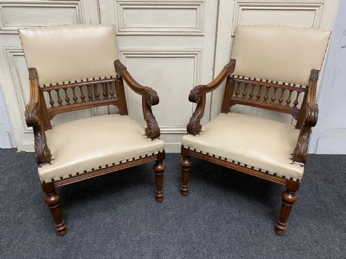 Pair Quality French Walnut Arm Chairs