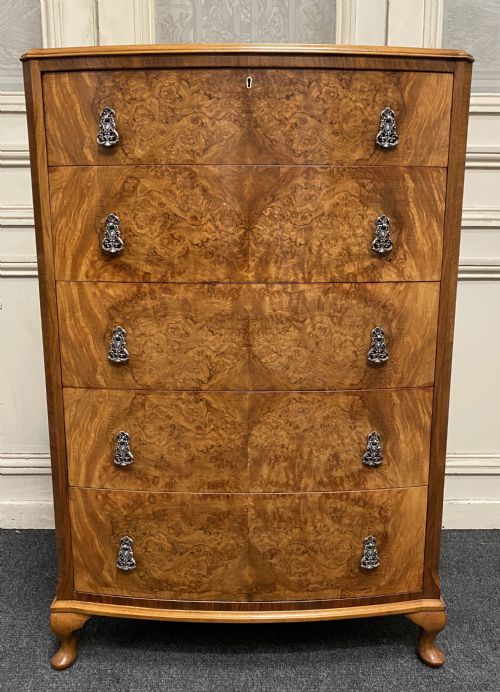 Burr Walnut Chest of 5 Drawers