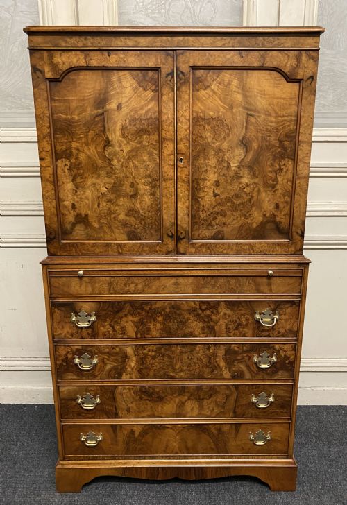 Burr Walnut Cupboard Over Chest