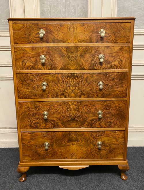 Burr Walnut Chest of 5 Drawers