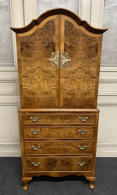 Burr Walnut Cupboard Over Chest