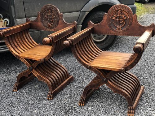 Superb Pair Savonarola Walnut Arm Chairs