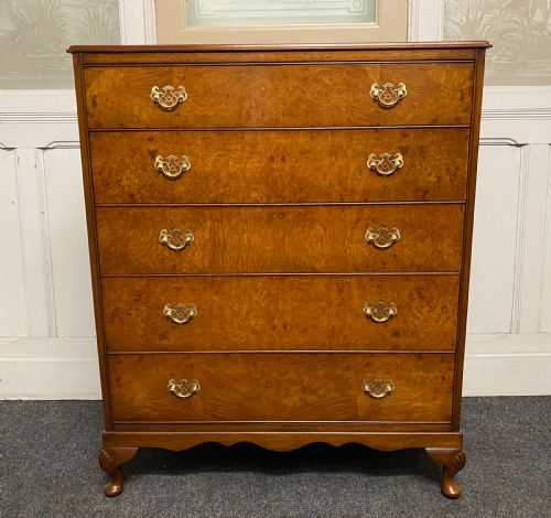 Burr Walnut Queen Anne Chest of 5 Drawers