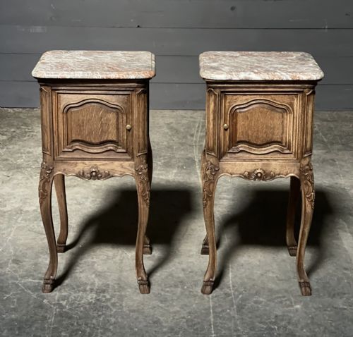 Pair French Marble Top Bedside Cupboards
