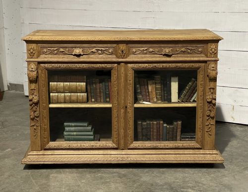 French Carved Oak Low Bookcase