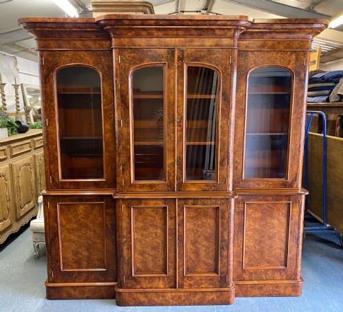 Burr Walnut 4 Door Breakfront Library Bookcase