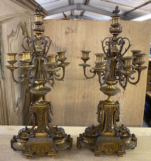 Impressive Pair French Gilt Bronze Candelabra