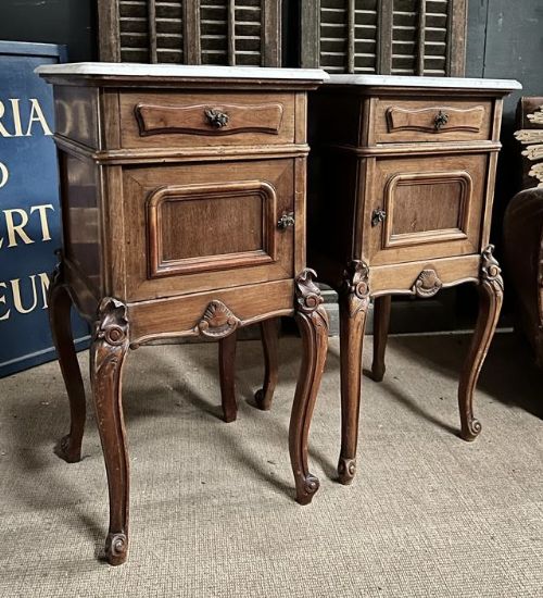 Pair French Marble Top Bedside Cupboards