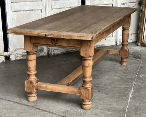 French Bleached Oak Farmhouse Dining Table with Drawer