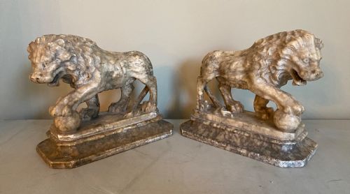 Pair 19th Century Grand Tour Alabaster Lions