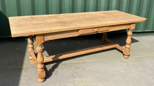 French Bleached Oak Farmhouse Dining Table with Drawer