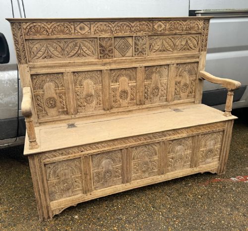 Carved Bleached Oak Hall Bench