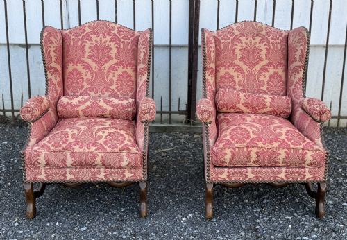 Comfortable Pair French Wing Arm Chairs