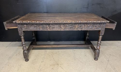 19TH CENTURY CARVED OAK TABLE WITH DRAWERS - ADDITIONAL PHOTO 2