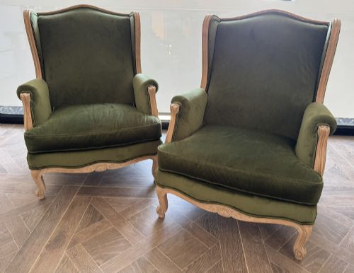 EXTREMELY COMFORTABLE PAIR FRENCH WING BACK ARM CHAIRS