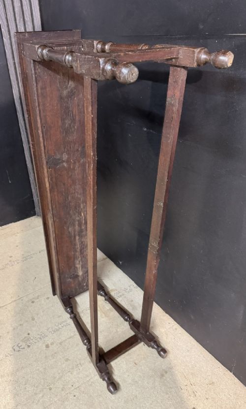A long dark oak Georgian joint stool with turned legs, a rectangular top, and lower wooden stretchers. View VII