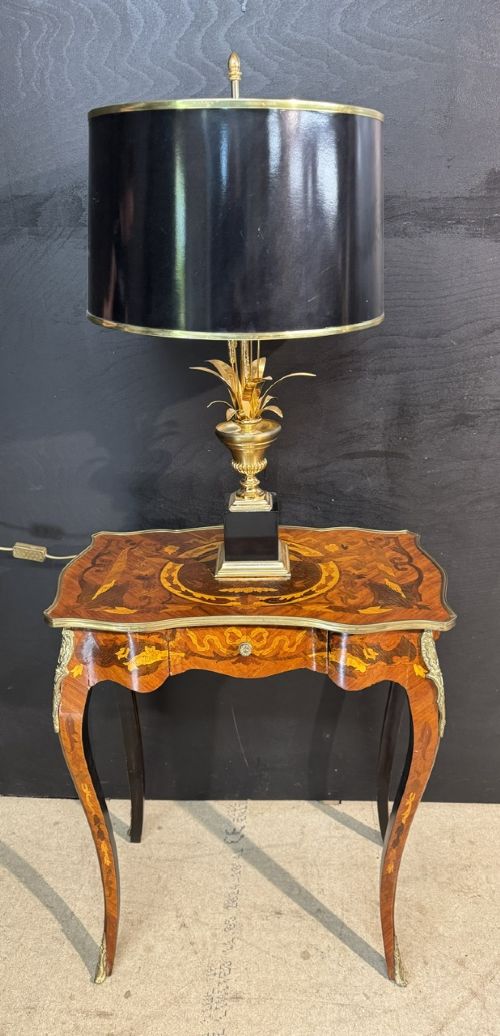 A French Louis XV style marquetry side table featuring cabriole legs, decorative brass mounts, and detailed floral wood inlay across the serpentine top and drawer. View II