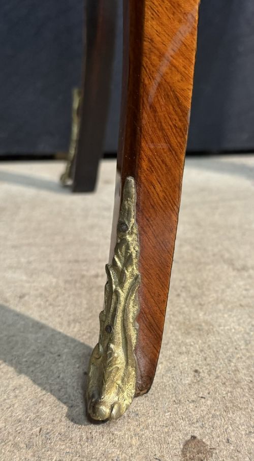 A French Louis XV style marquetry side table featuring cabriole legs, decorative brass mounts, and detailed floral wood inlay across the serpentine top and drawer. View XIII