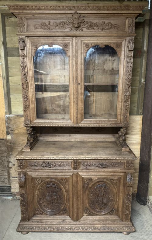 Bleached French Carved Oak Hunting Cabinet