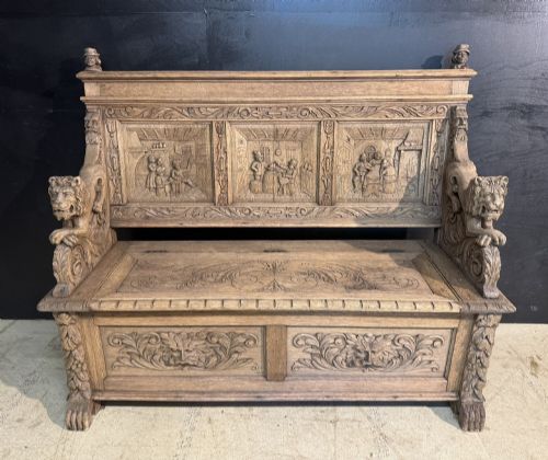 French Carved Oak Tavern Scene Bench