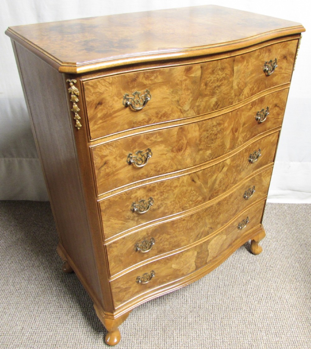 Burr Walnut 5 Drawer Serpentine Chest of Drawers