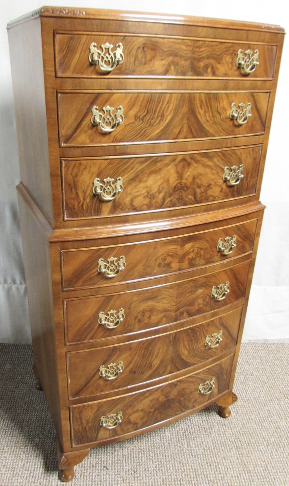 Burr Walnut Bow front Chest of Drawers