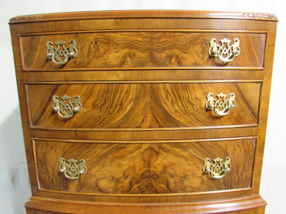Burr Walnut Bow front Chest of Drawers View V