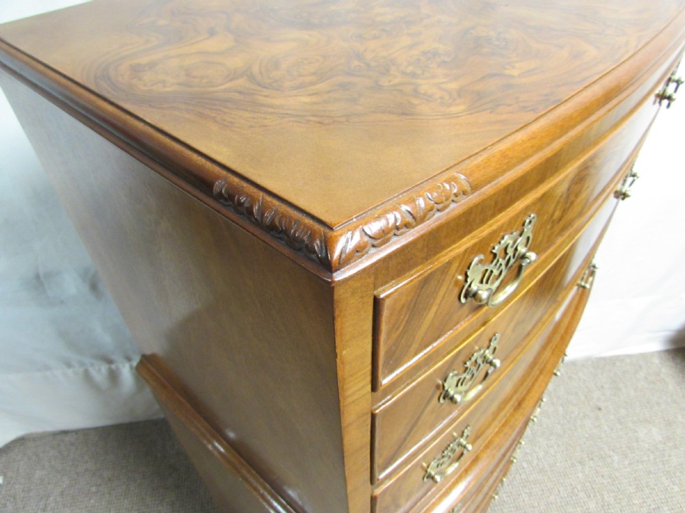 Burr Walnut Bow front Chest of Drawers View X